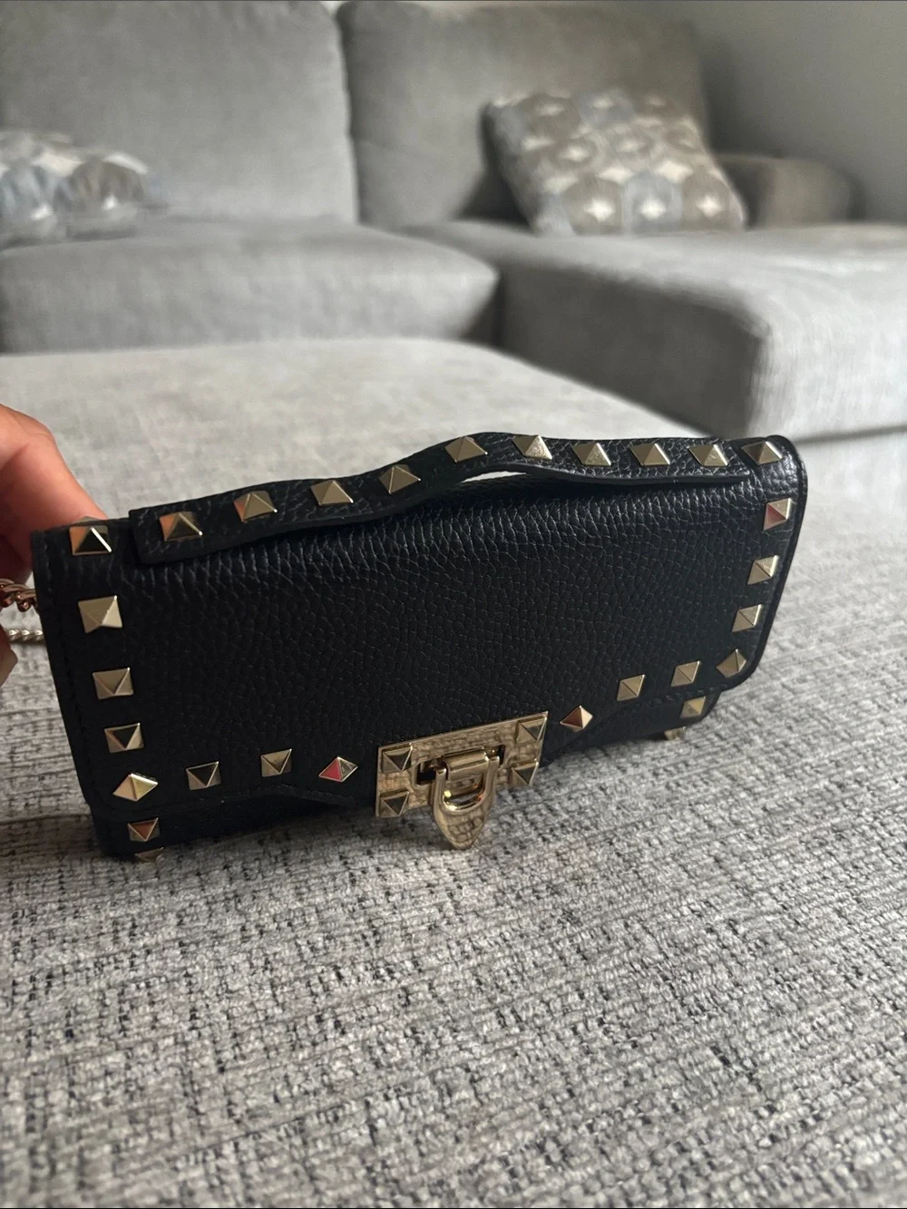 Valentino Black Pebbled Leather Crossbody with Gold Stud Detail